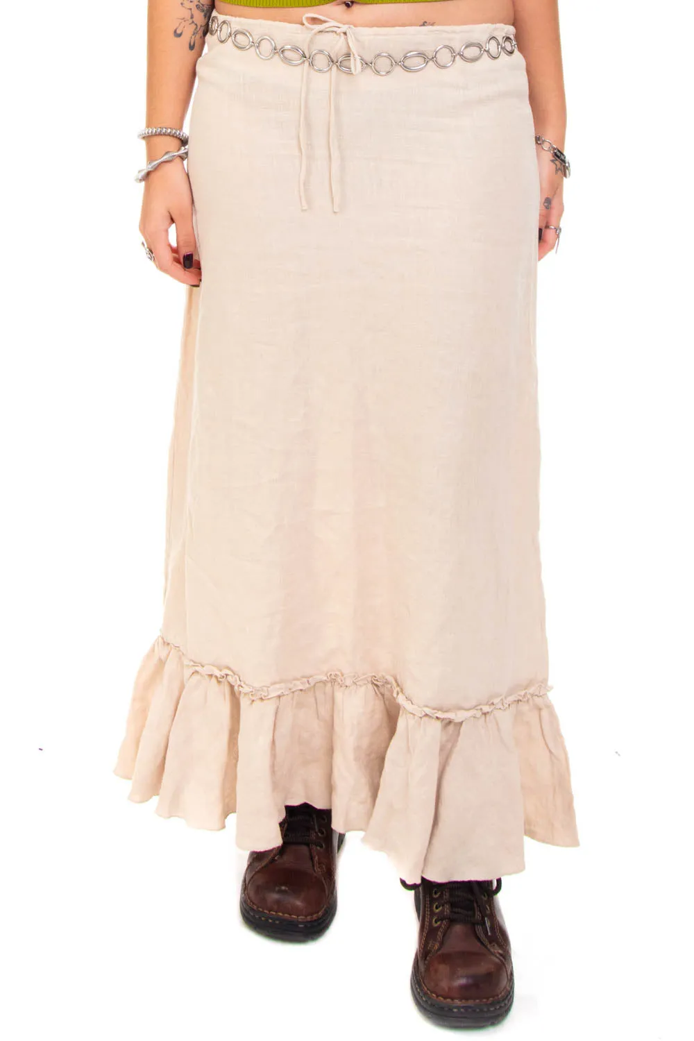 Vintage Y2K Sandy Linen Ruffle Maxi Skirt - L sold by Tunnel Vision