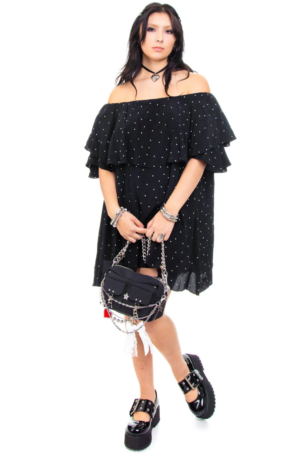 Vintage Y2K B&W Polka Dot Ruffle Dress - OSFM sold by Tunnel Vision