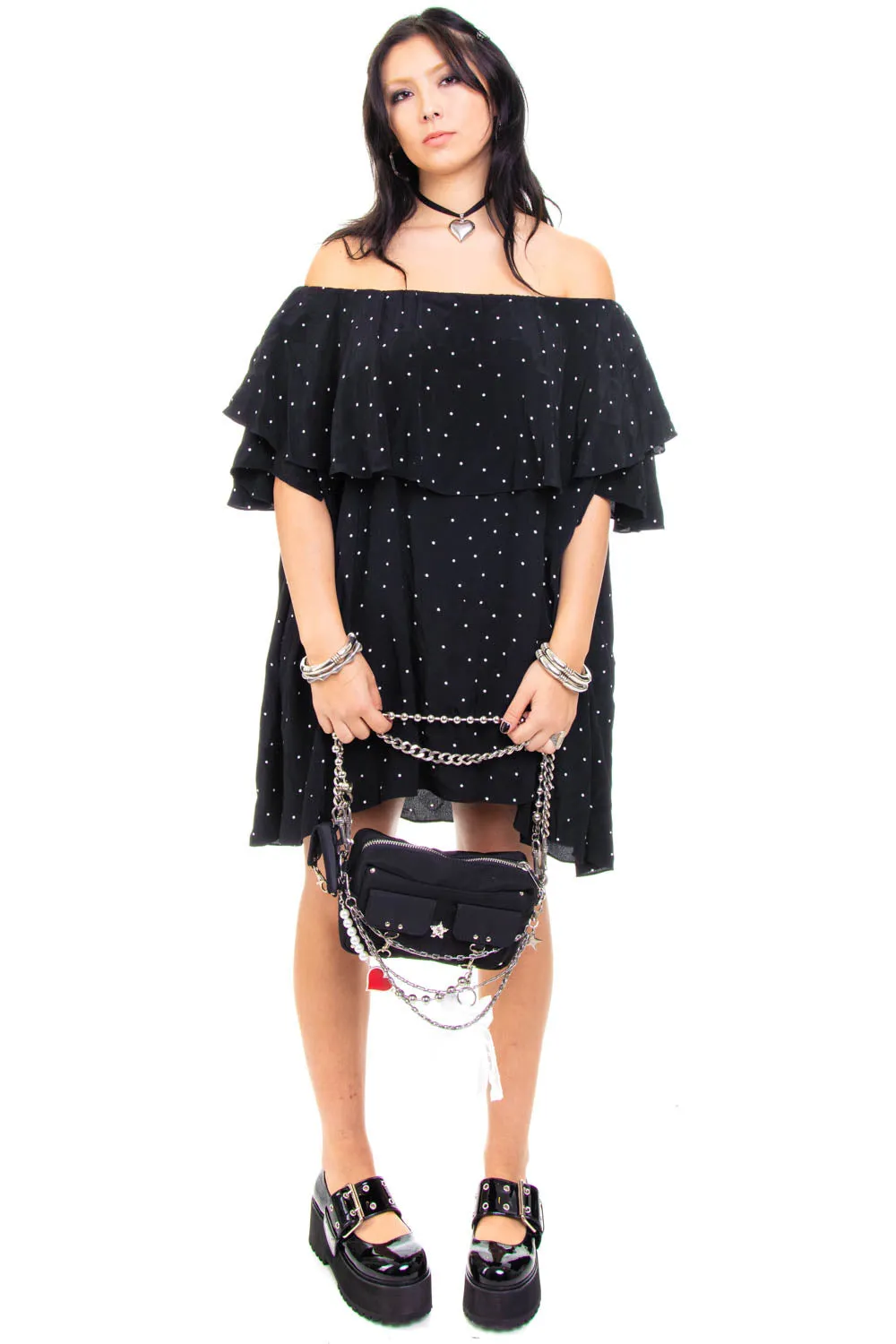 Vintage Y2K B&W Polka Dot Ruffle Dress - OSFM sold by Tunnel Vision product image thumbnail 2