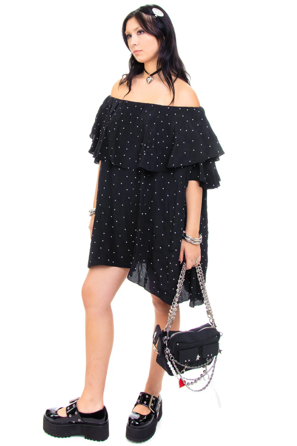 Vintage Y2K B&W Polka Dot Ruffle Dress - OSFM sold by Tunnel Vision product image thumbnail 5