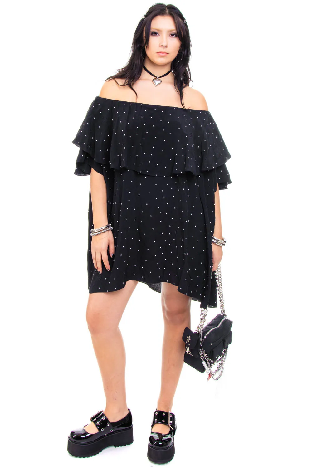 Vintage Y2K B&W Polka Dot Ruffle Dress - OSFM sold by Tunnel Vision product image thumbnail 3