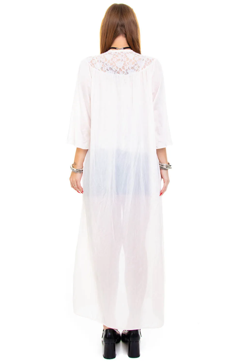 Vintage 70's Ghostly Pale Pink Lace Sheer Duster - OSFM sold by Tunnel Vision product image thumbnail 5
