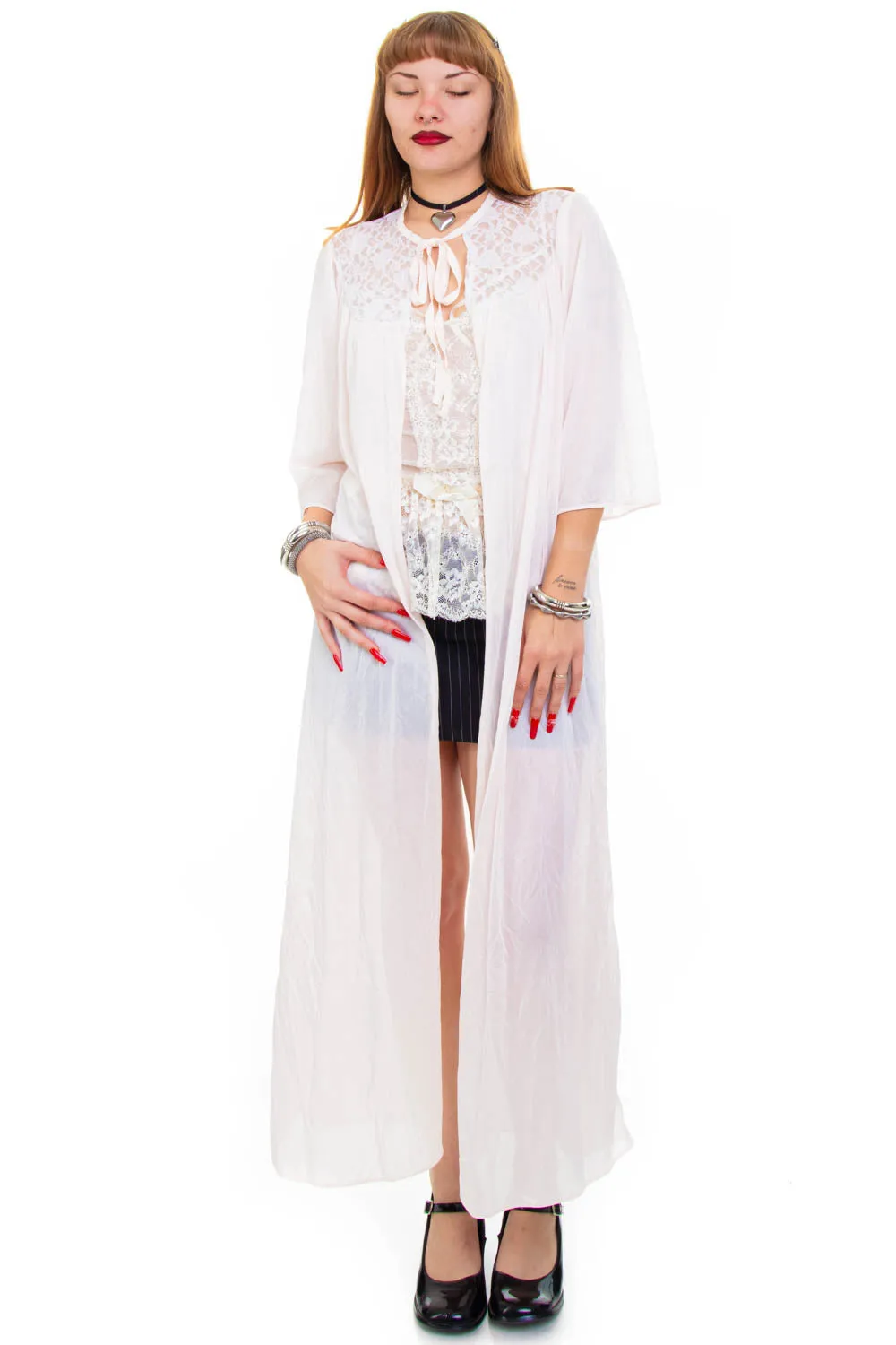 Vintage 70's Ghostly Pale Pink Lace Sheer Duster - OSFM sold by Tunnel Vision product image thumbnail 2