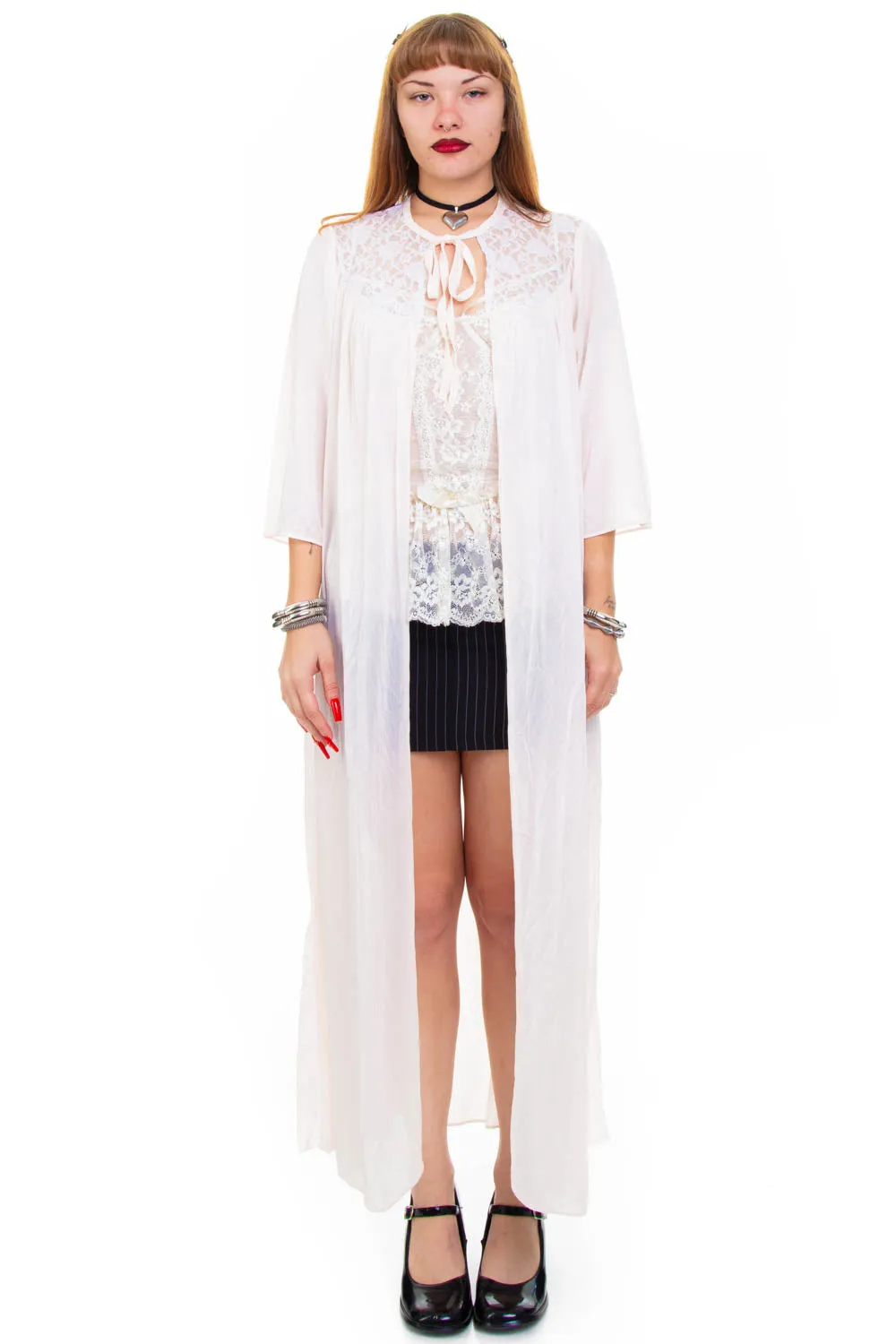 Vintage 70's Ghostly Pale Pink Lace Sheer Duster - OSFM sold by Tunnel Vision