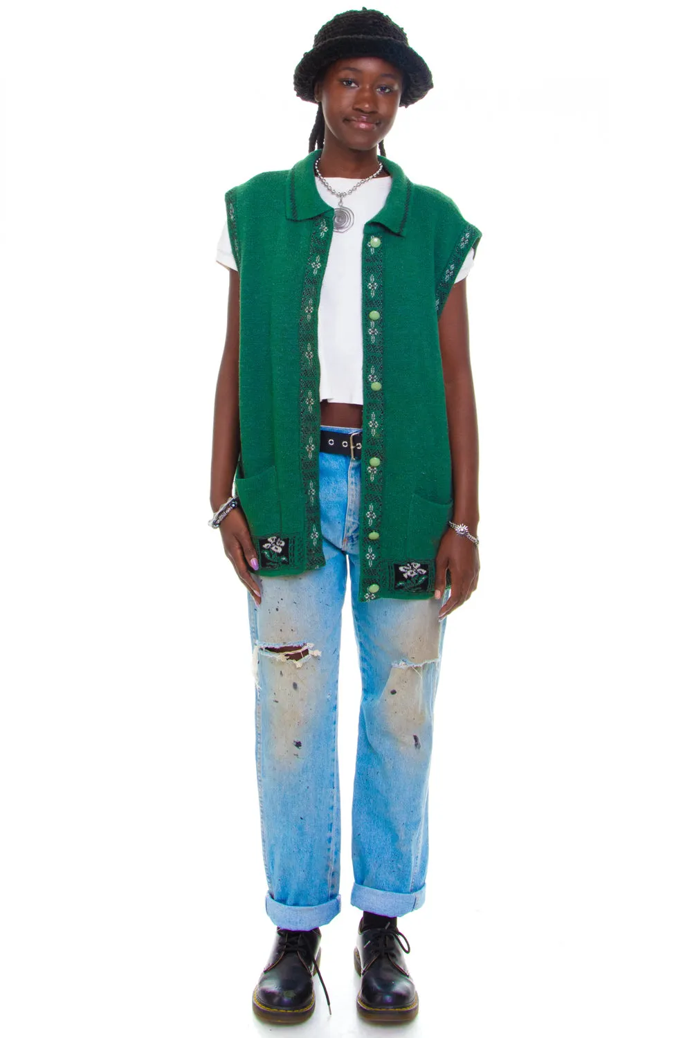 Vintage 90's Green Flower Knit Button Up Sweater Vest - OSFM sold by Tunnel Vision product image thumbnail 2