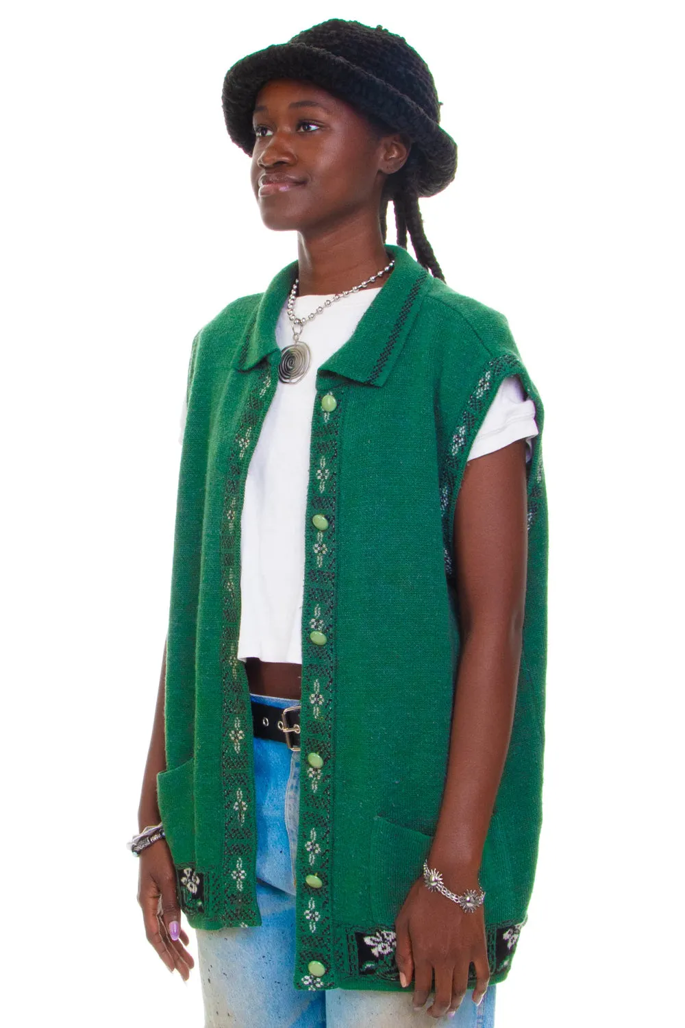Vintage 90's Green Flower Knit Button Up Sweater Vest - OSFM sold by Tunnel Vision product image thumbnail 4