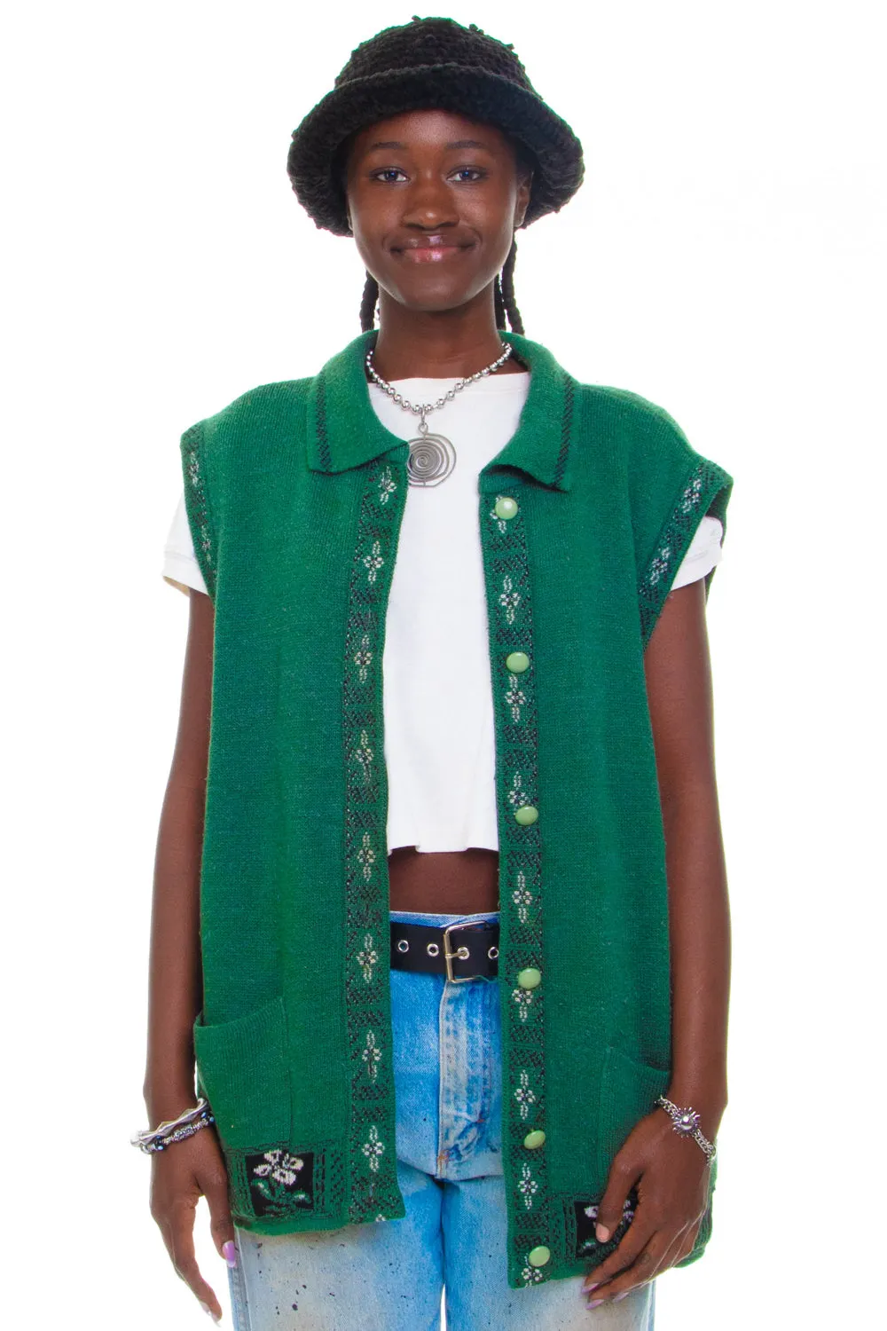 Vintage 90's Green Flower Knit Button Up Sweater Vest - OSFM sold by Tunnel Vision product image thumbnail 3