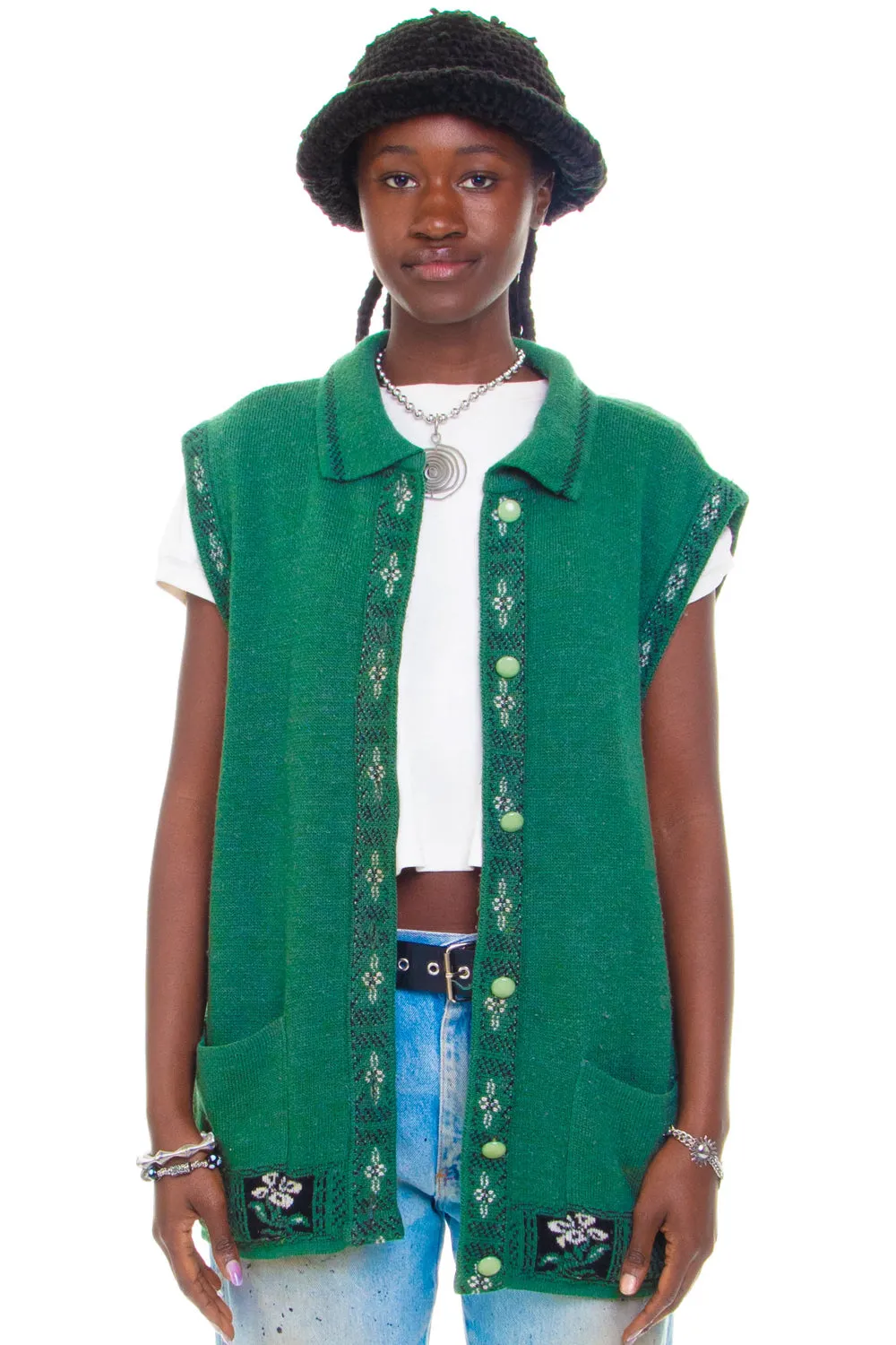 Vintage 90's Green Flower Knit Button Up Sweater Vest - OSFM sold by Tunnel Vision