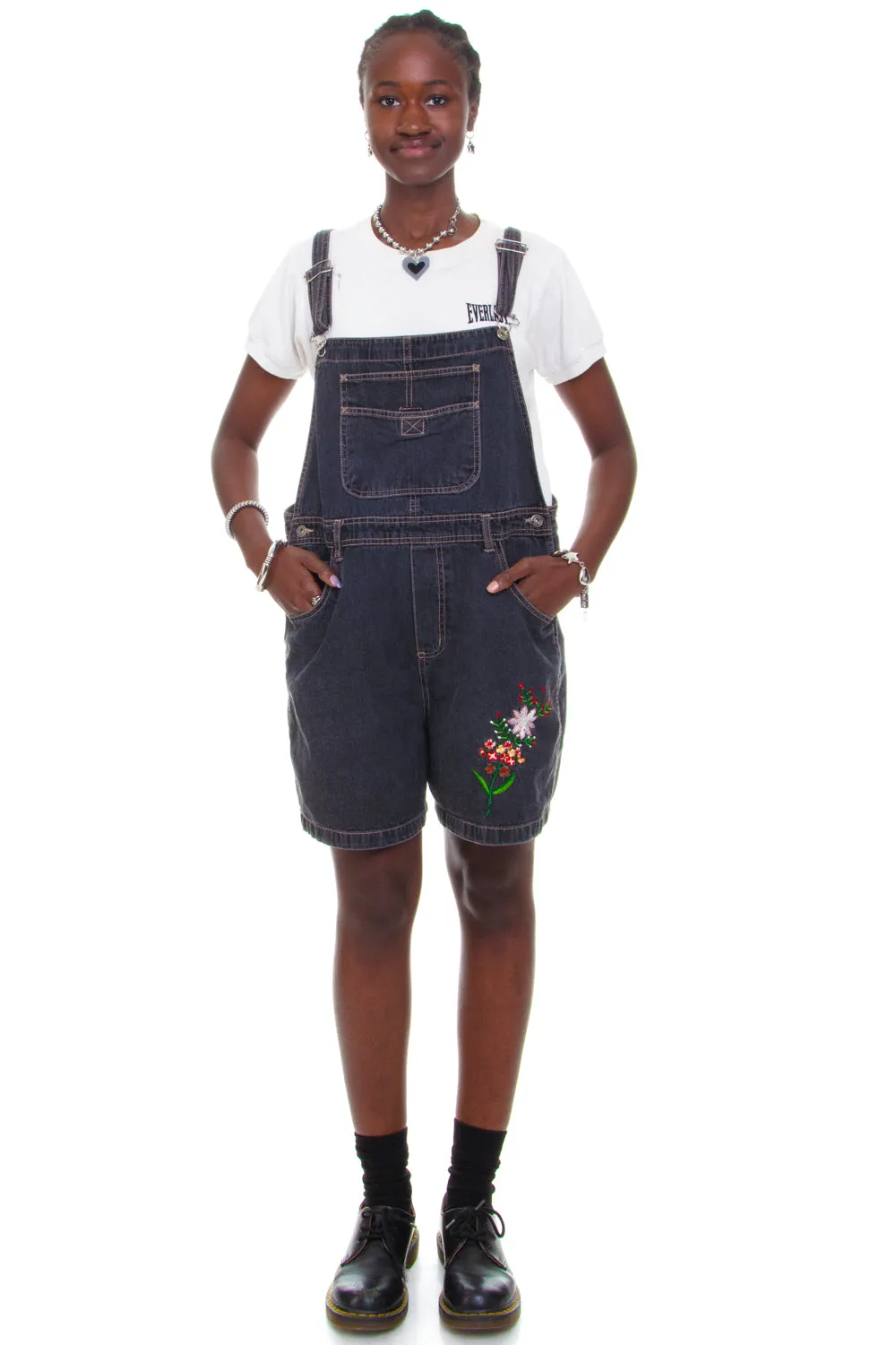 Vintage 90's Flower Charcoal Denim Overalls - OSFM sold by Tunnel Vision