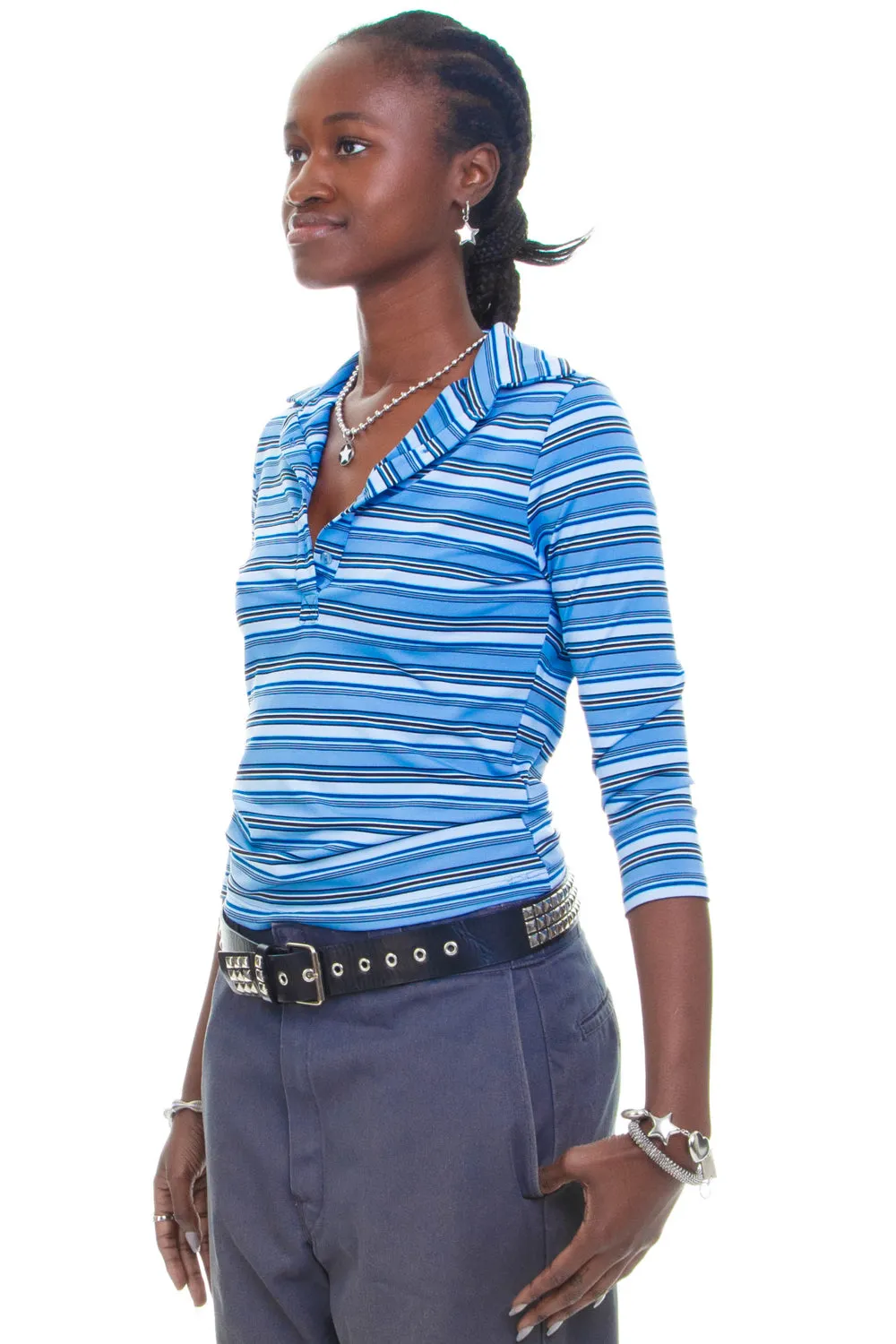Vintage Y2K Blue Striped Collared Quarter Sleeve Top - M/L sold by Tunnel Vision product image thumbnail 3