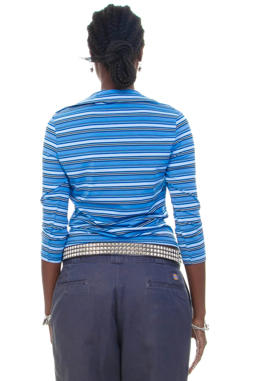 Vintage Y2K Blue Striped Collared Quarter Sleeve Top - M/L sold by Tunnel Vision product image thumbnail 5