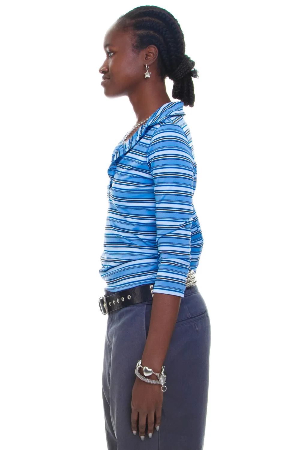 Vintage Y2K Blue Striped Collared Quarter Sleeve Top - M/L sold by Tunnel Vision product image thumbnail 4