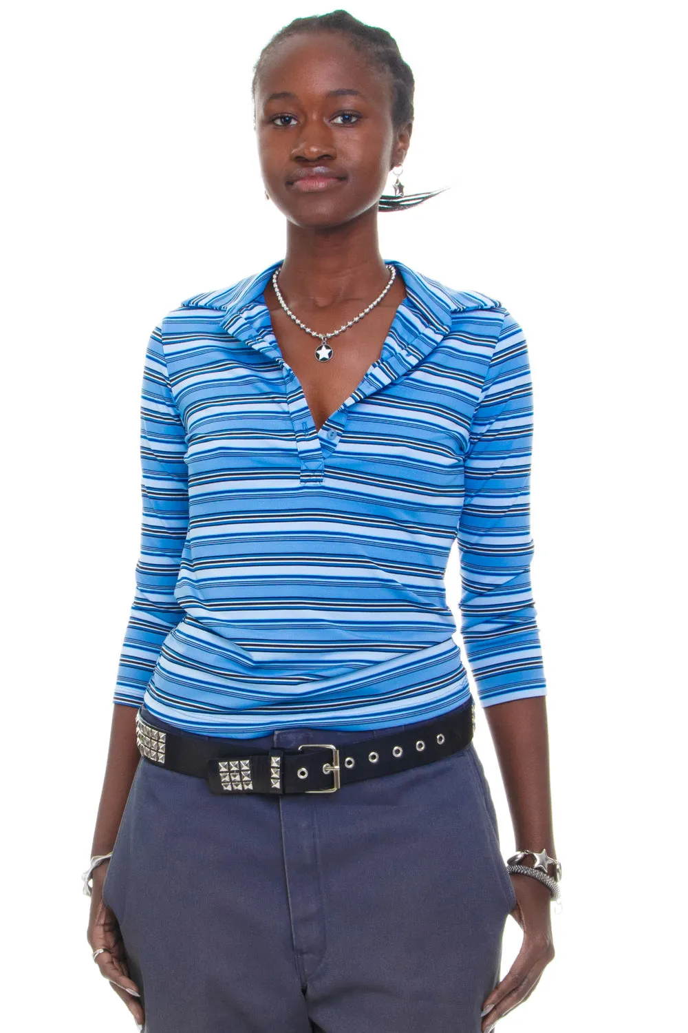 Vintage Y2K Blue Striped Collared Quarter Sleeve Top - M/L sold by Tunnel Vision