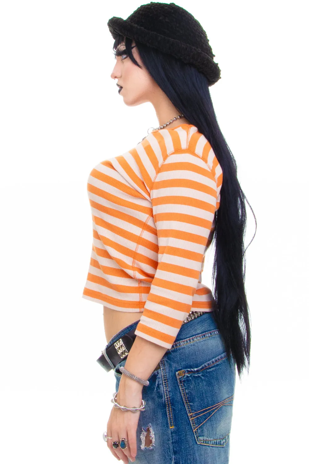 Vintage Y2K Orange Stripe Ribbed Knit Top - OSFM sold by Tunnel Vision product image thumbnail 3