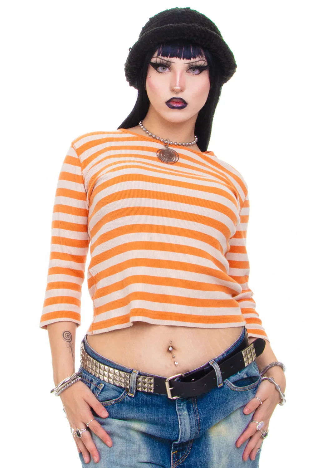 Vintage Y2K Orange Stripe Ribbed Knit Top - OSFM sold by Tunnel Vision