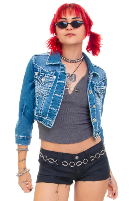 Vintage Y2K Bling Ring Rhinstone Crop Denim Jacket - XS/S sold by Tunnel Vision