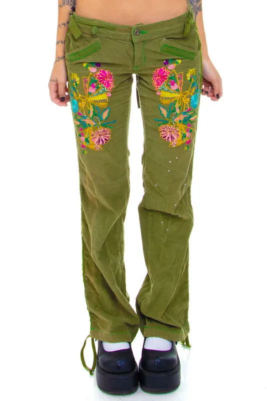 Vintage Y2K Green Corduroy Floral Flares - S sold by Tunnel Vision