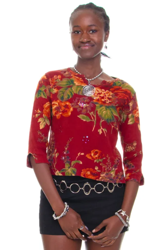 Vintage Y2K Sequin Floral Rhinestone Ribbed Knit Top - S/M/L sold by Tunnel Vision