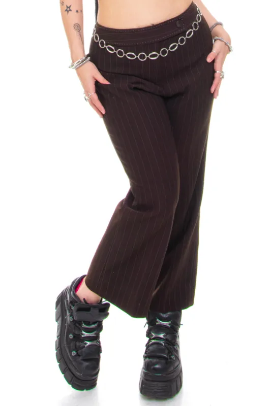 Vintage Y2K Brown Pinstripe Flare Pants - L sold by Tunnel Vision