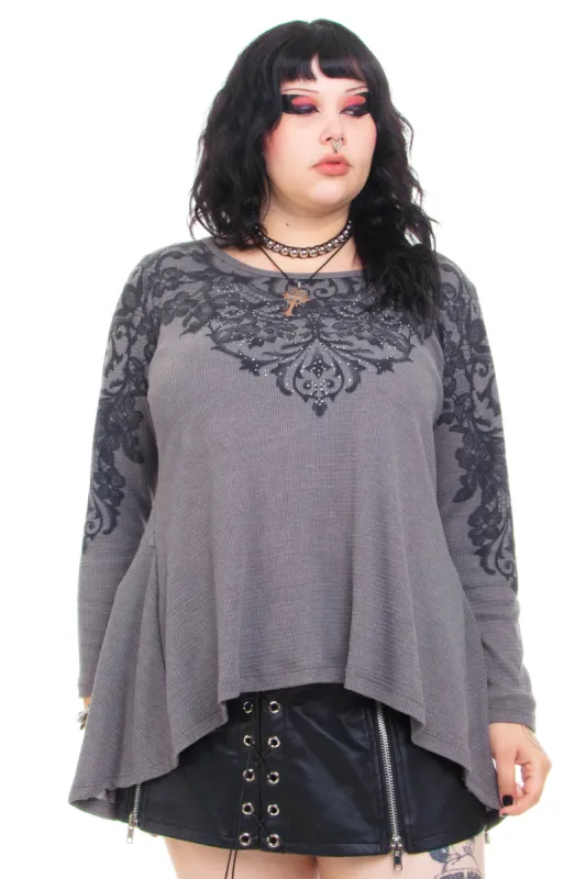 Vintage Y2K Rhinestone Floral Lace Grey Thermal - XL sold by Tunnel Vision