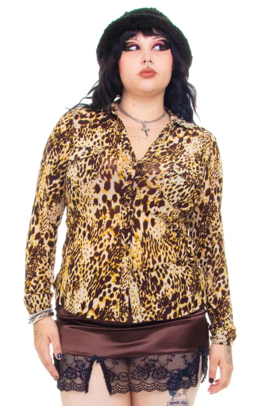 Vintage Y2K Leopard Mesh Button Up - XL sold by Tunnel Vision