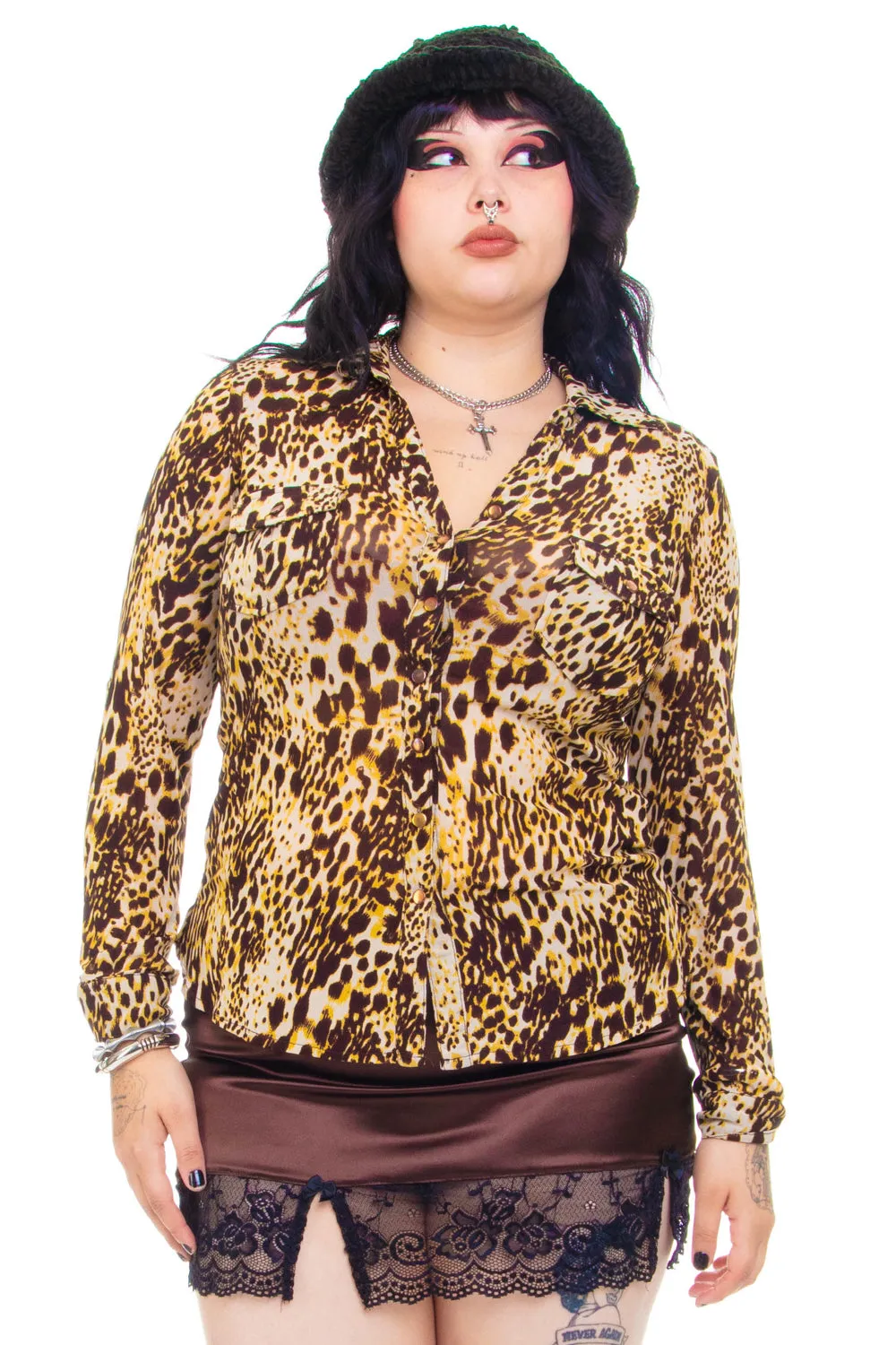 Vintage Y2K Leopard Mesh Button Up - XL sold by Tunnel Vision