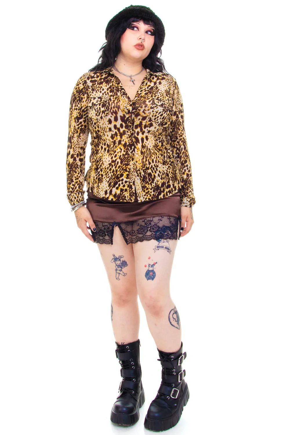 Vintage Y2K Leopard Mesh Button Up - XL sold by Tunnel Vision product image thumbnail 2