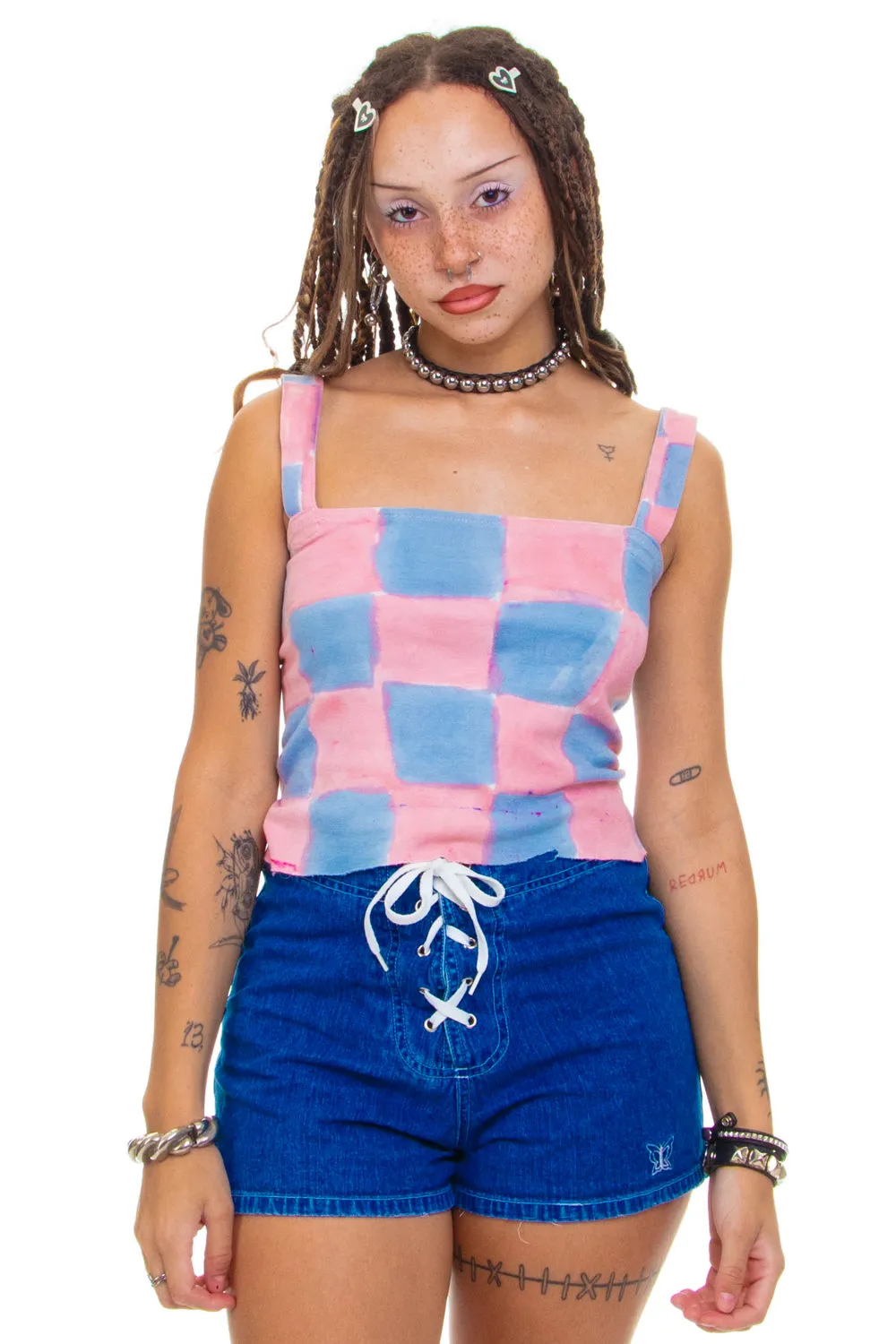 Vintage Y2K Checkered Print Dyed Tank - S sold by Tunnel Vision