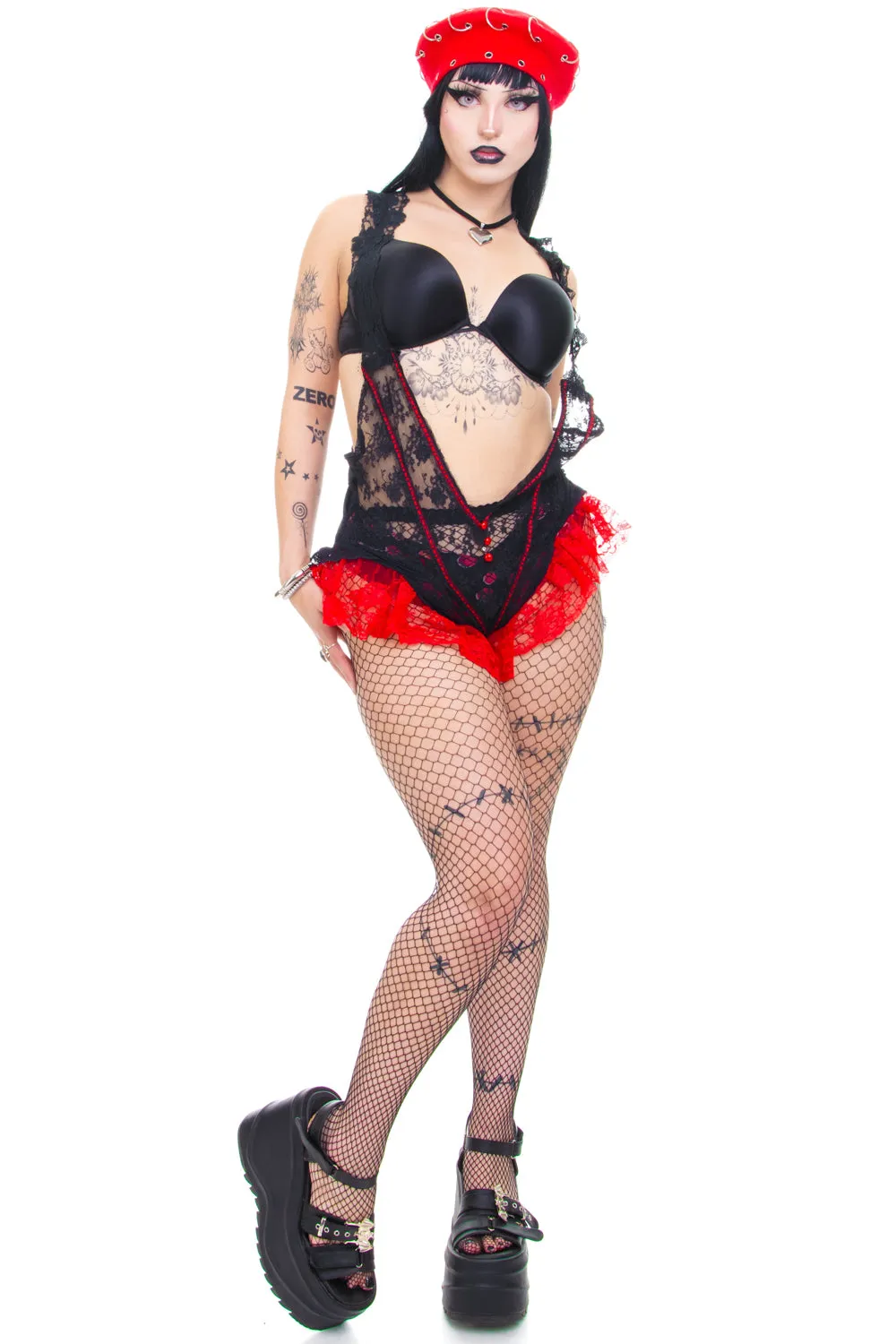 Vintage 90's Gothic Red Lace and Mesh Lingerie BodySuit - M/L sold by Tunnel Vision product image thumbnail 2
