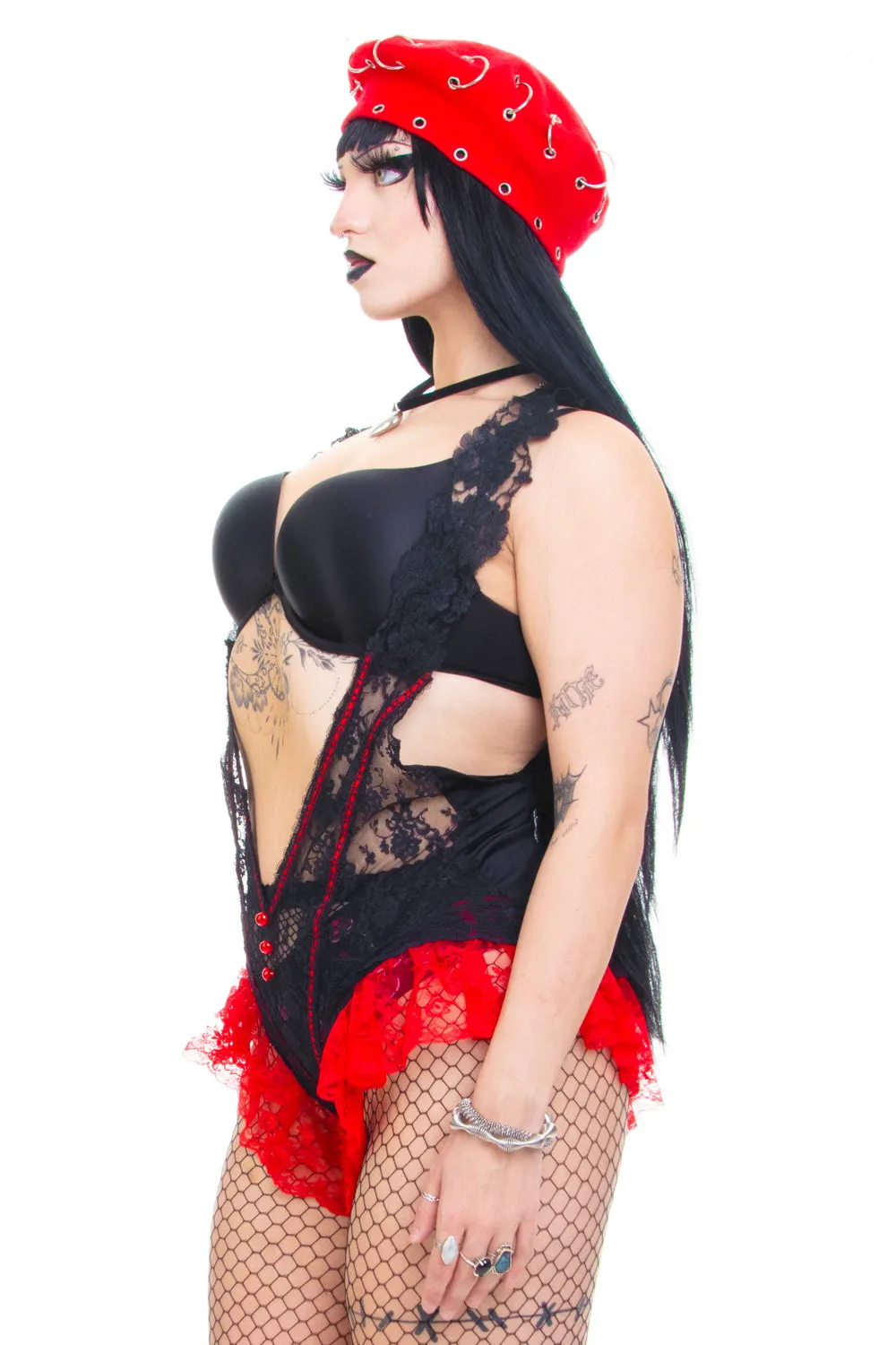 Vintage 90's Gothic Red Lace and Mesh Lingerie BodySuit - M/L sold by Tunnel Vision product image thumbnail 3