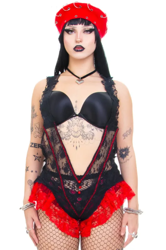 Vintage 90's Gothic Red Lace and Mesh Lingerie BodySuit - M/L sold by Tunnel Vision