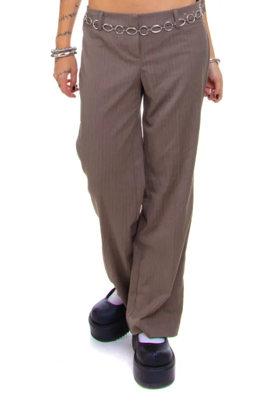 Vintage Y2K Light Brown Pinstripe Flare Trousers - S/M sold by Tunnel Vision