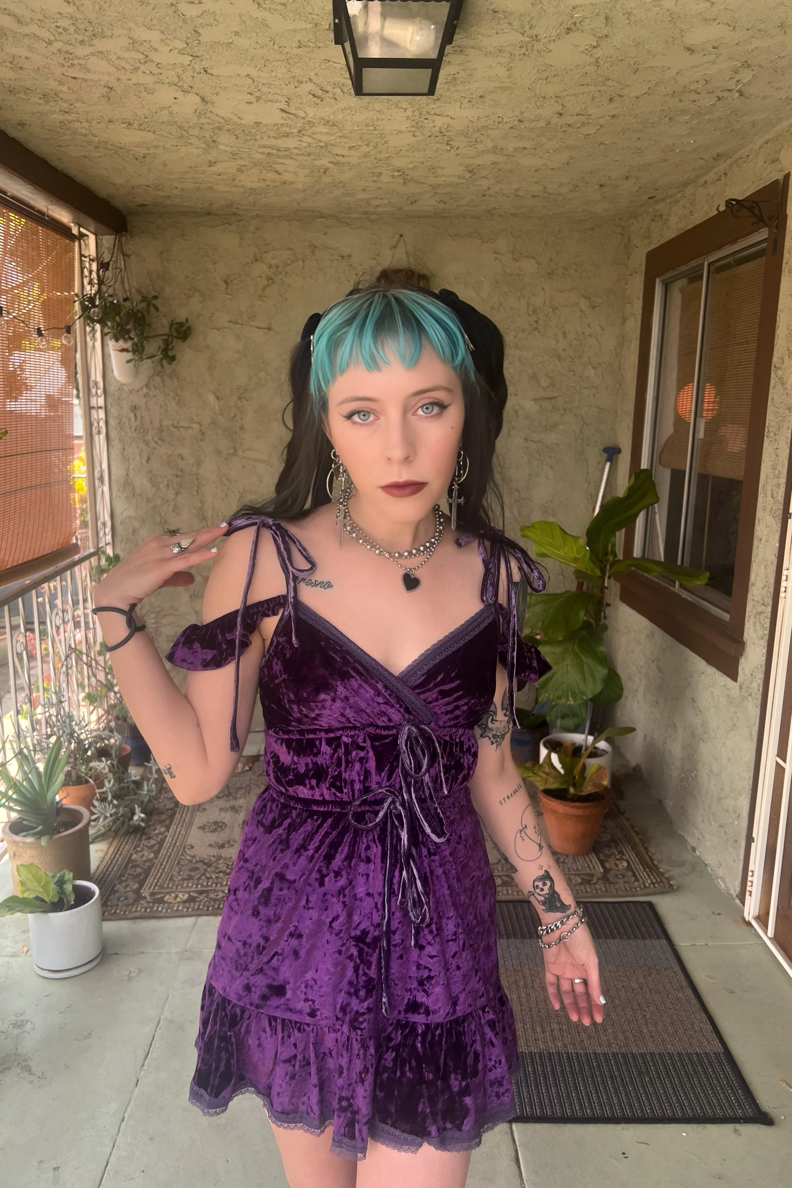 TUNNEL VISION SECONDHAND (GRADE A) Ophelia Plum Velvet Flutter Dress sold by Tunnel Vision product image thumbnail 4