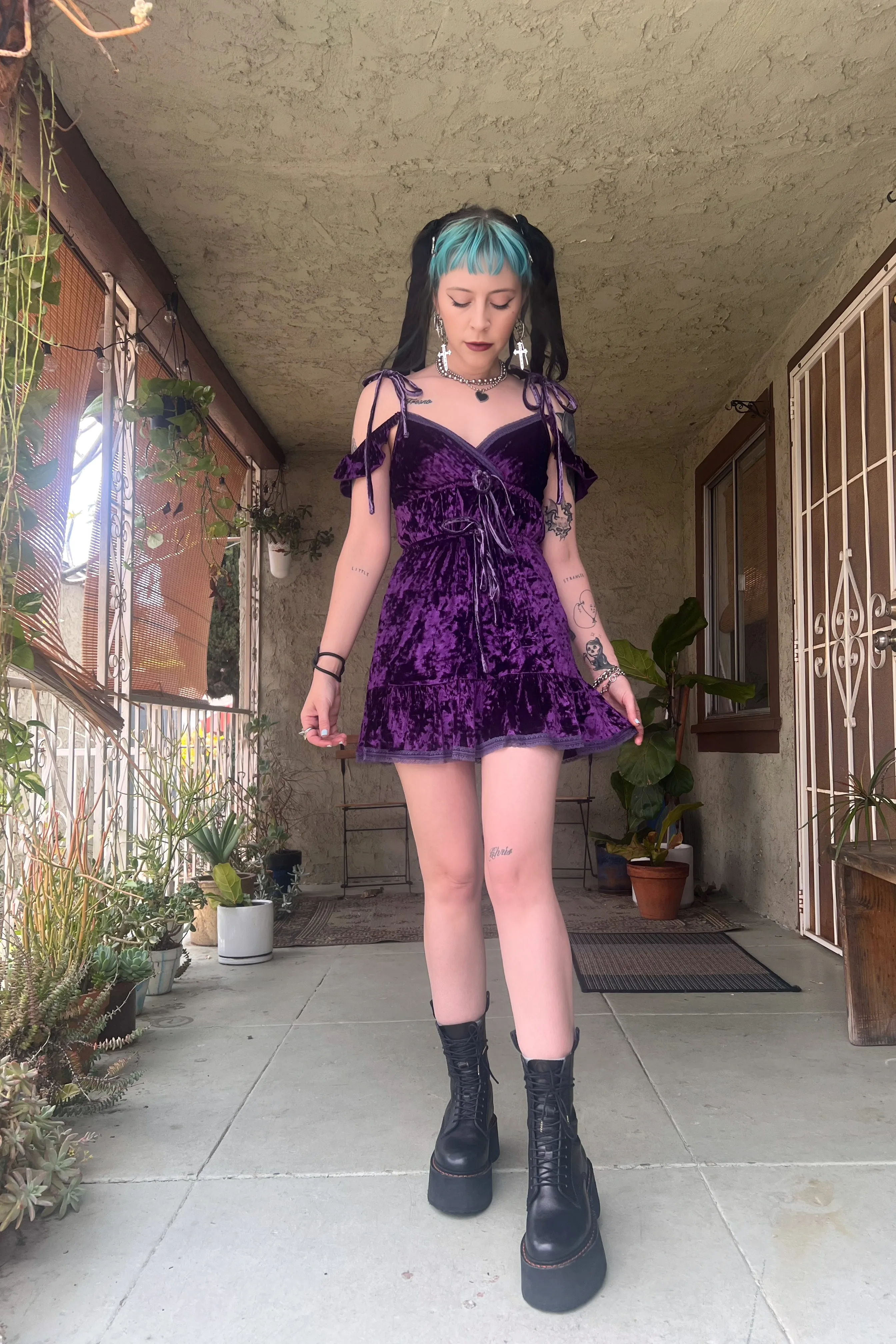 TUNNEL VISION SECONDHAND (GRADE A) Ophelia Plum Velvet Flutter Dress sold by Tunnel Vision product image thumbnail 3