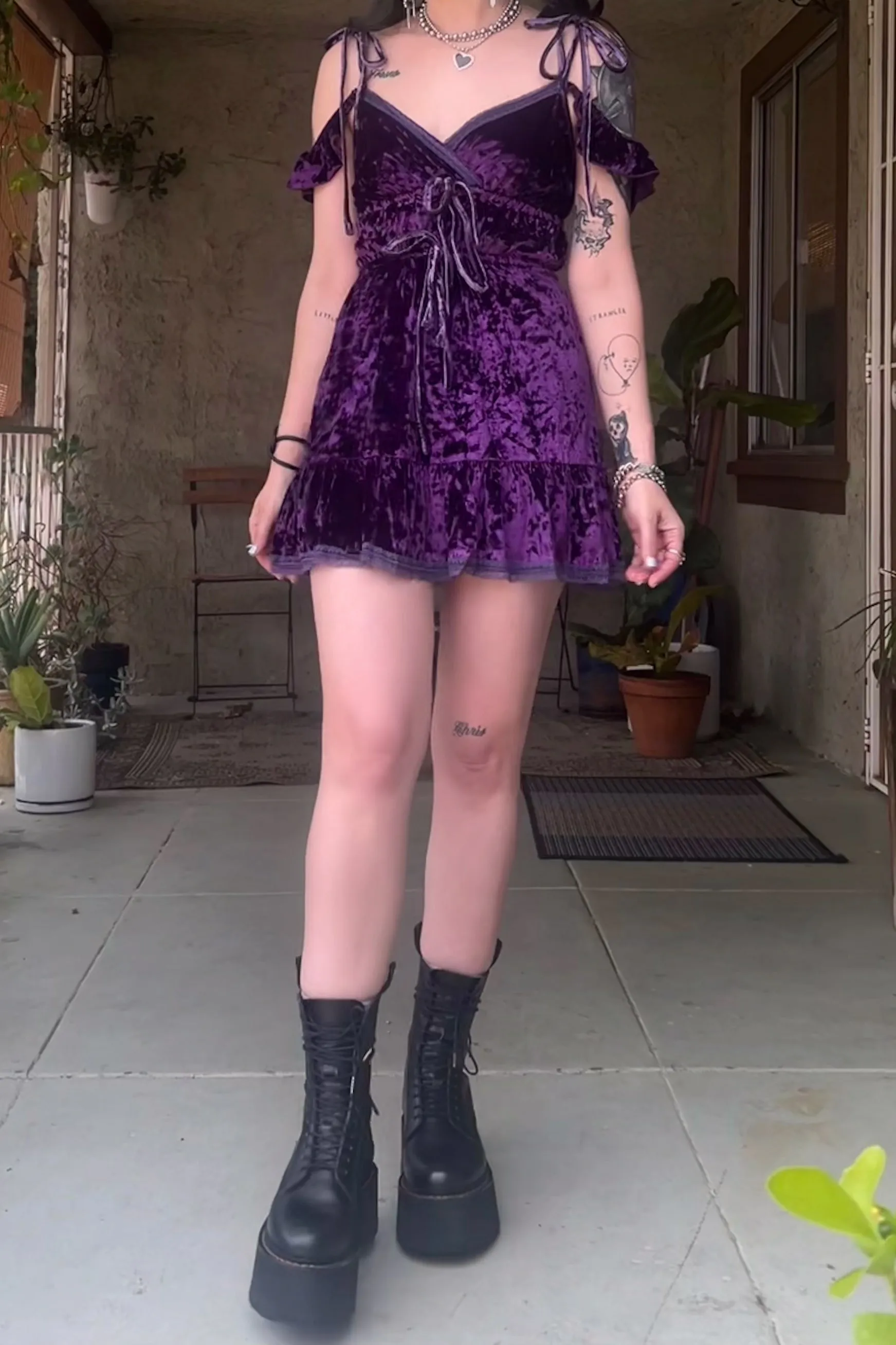 TUNNEL VISION SECONDHAND (GRADE A) Ophelia Plum Velvet Flutter Dress sold by Tunnel Vision product image thumbnail 2