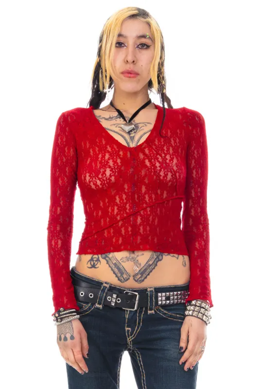 Vintage Y2K Red Lace Long-Sleeve - S/M sold by Tunnel Vision