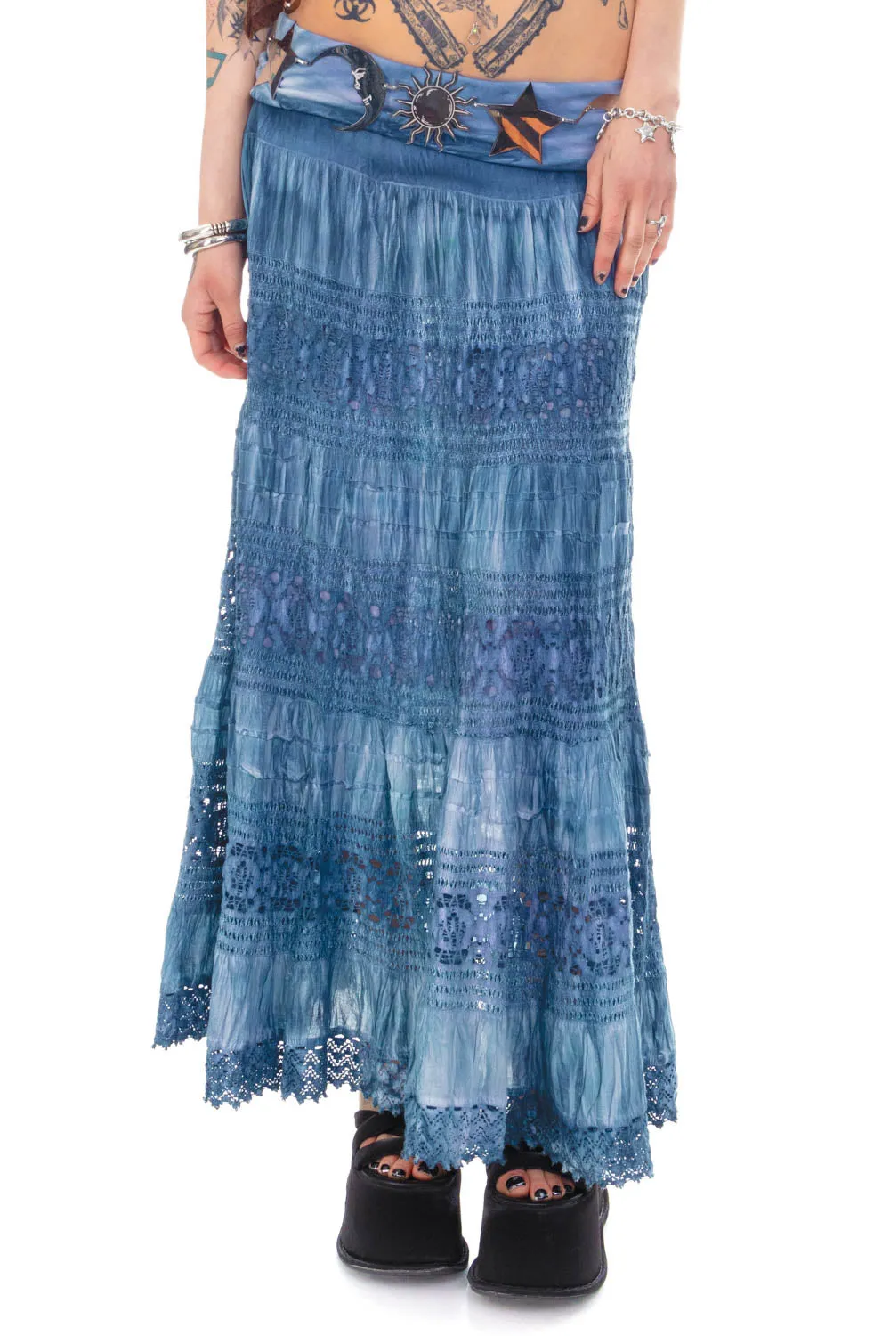 Vintage Y2K Now & Then Blue Dyed Tiered Maxi Skirt - L sold by Tunnel Vision