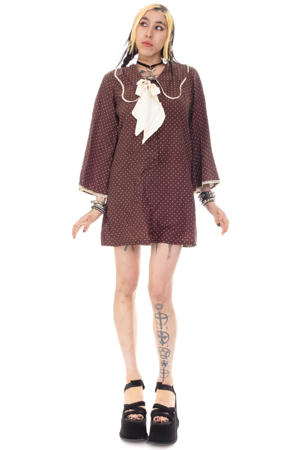 Vintage 70's Polka Dot Sailor Collar Ribbon Dress - S/M sold by Tunnel Vision