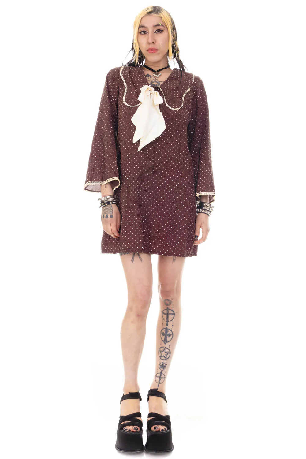 Vintage 70's Polka Dot Sailor Collar Ribbon Dress - S/M sold by Tunnel Vision product image thumbnail 2