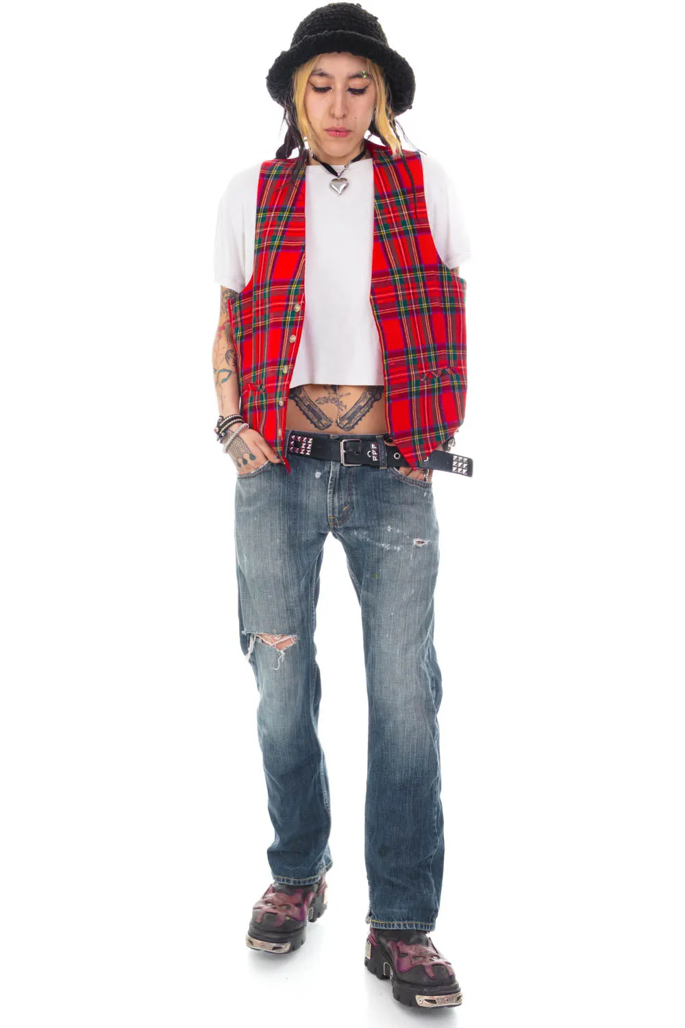 Vintage 90's Punk Red Plaid Reversible Vest - OSFM sold by Tunnel Vision product image thumbnail 2
