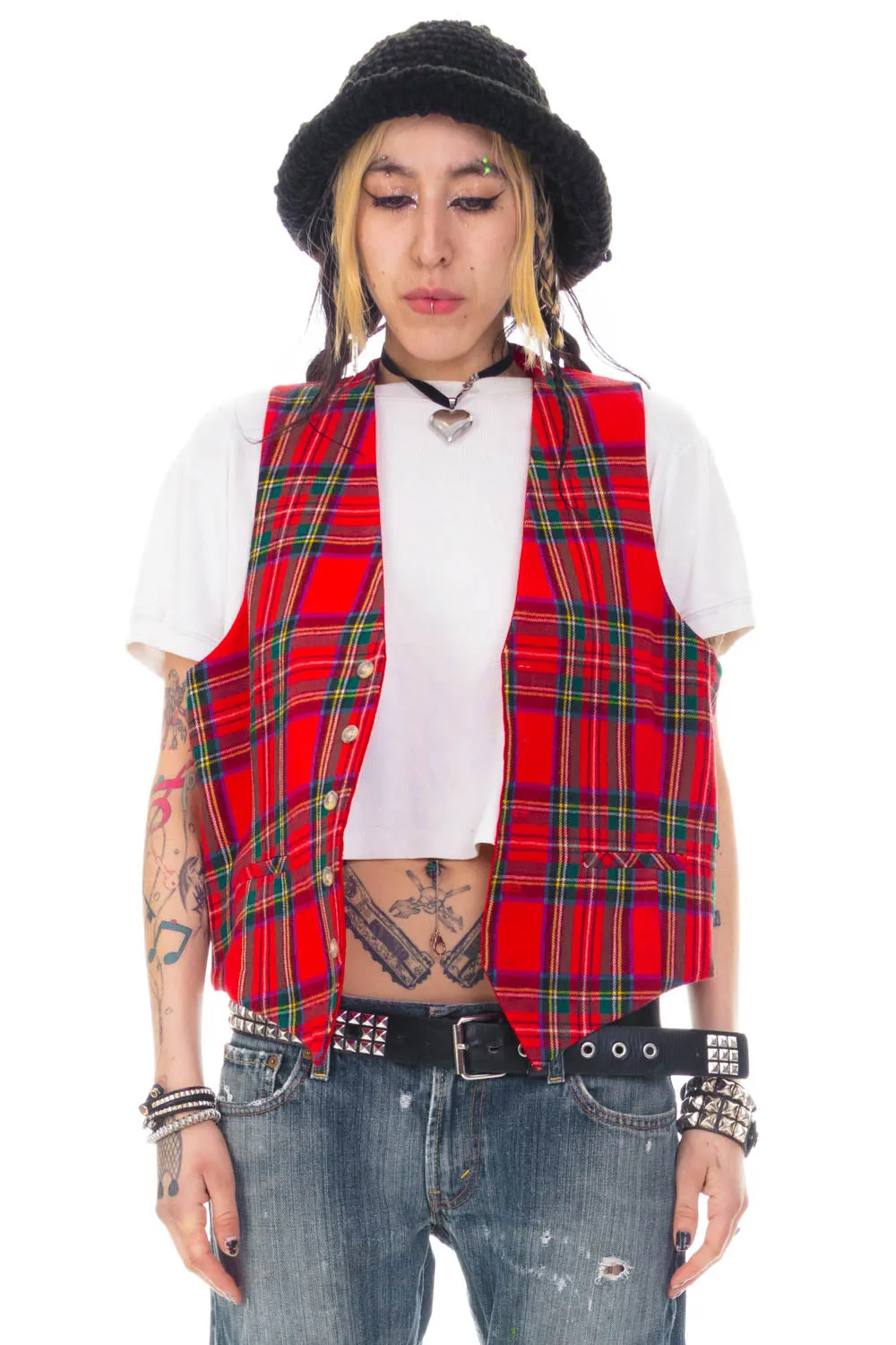 Vintage 90's Punk Red Plaid Reversible Vest - OSFM sold by Tunnel Vision