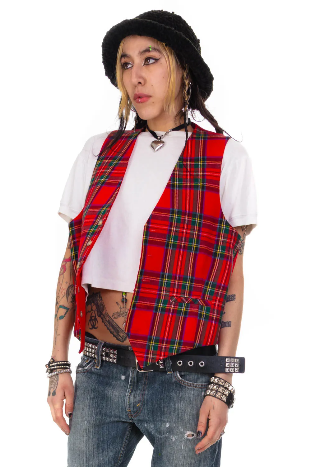 Vintage 90's Punk Red Plaid Reversible Vest - OSFM sold by Tunnel Vision product image thumbnail 4