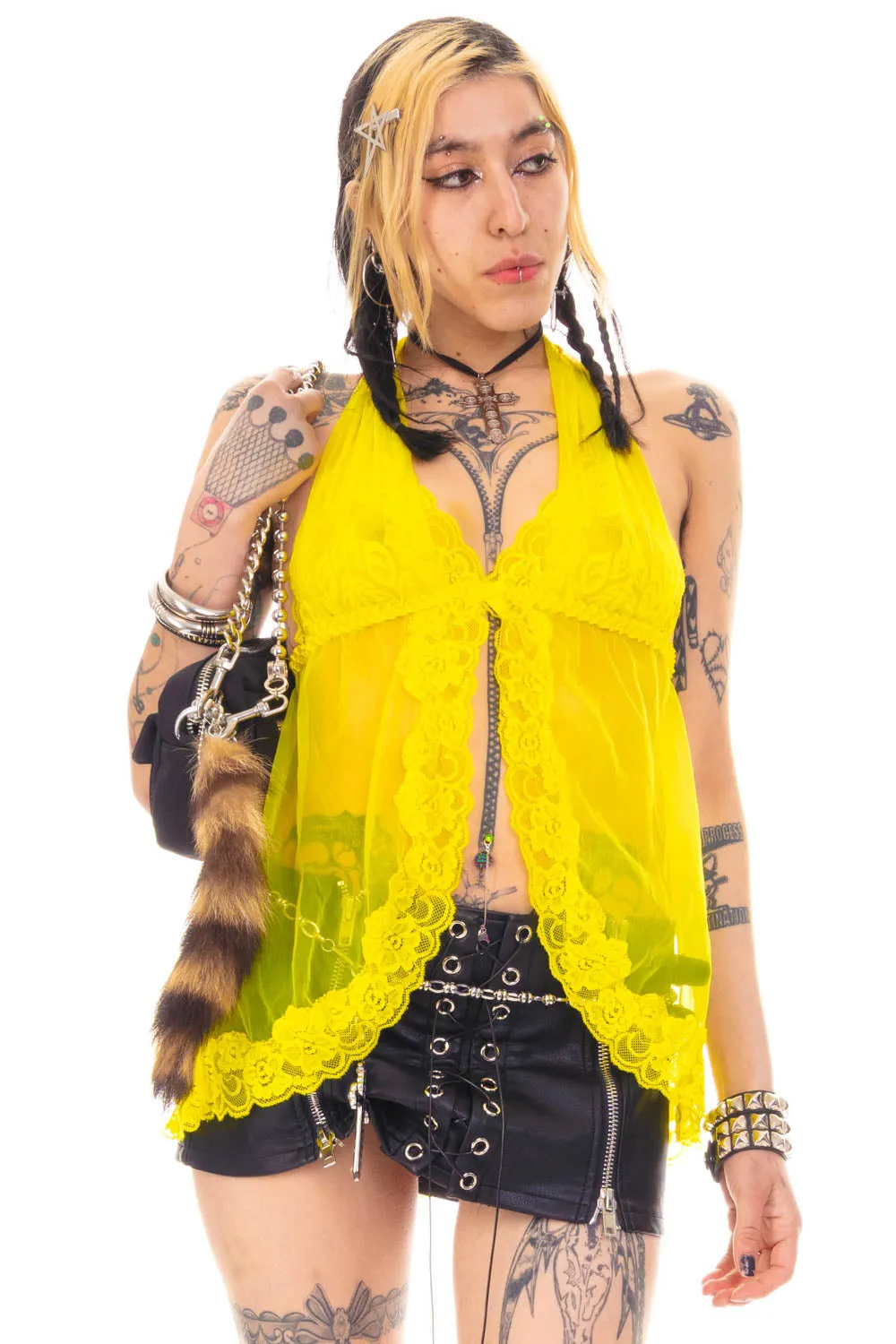 Vintage Y2K Electric Yellow Lace Lingerie Top - S/M sold by Tunnel Vision