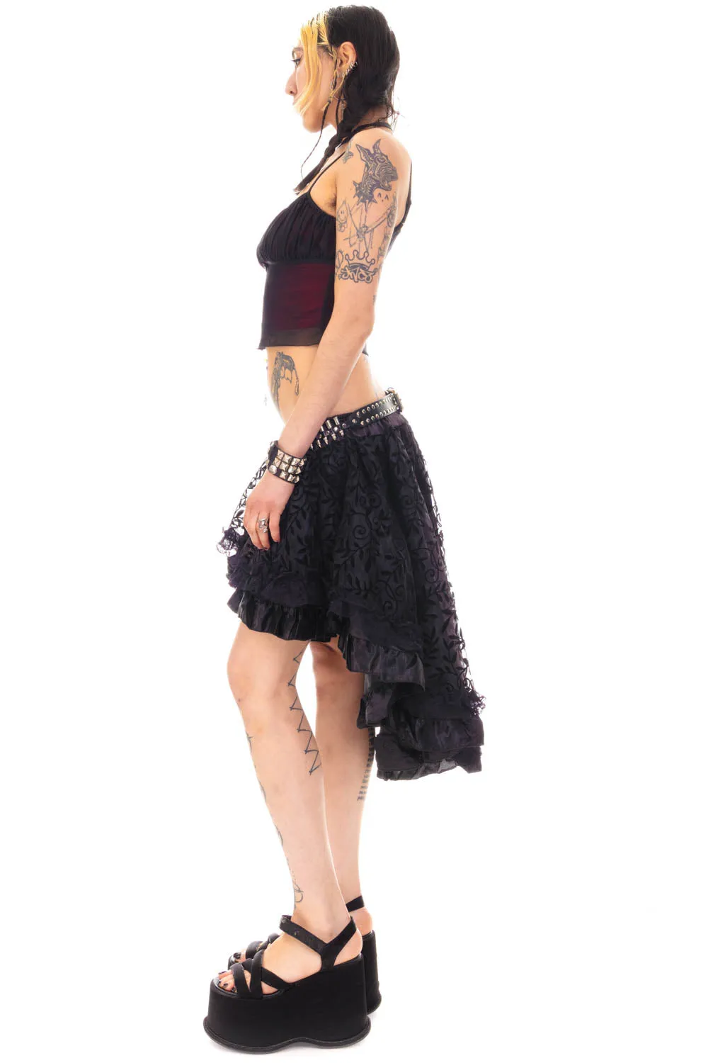 Vintage Y2K Gothic Black Leaves High-Low Ruffle Skirt - M/L/XL sold by Tunnel Vision product image thumbnail 5