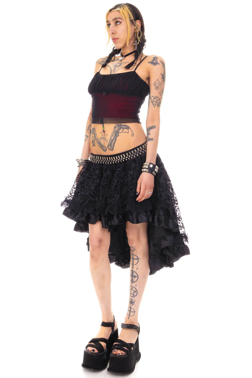 Vintage Y2K Gothic Black Leaves High-Low Ruffle Skirt - M/L/XL sold by Tunnel Vision product image thumbnail 4