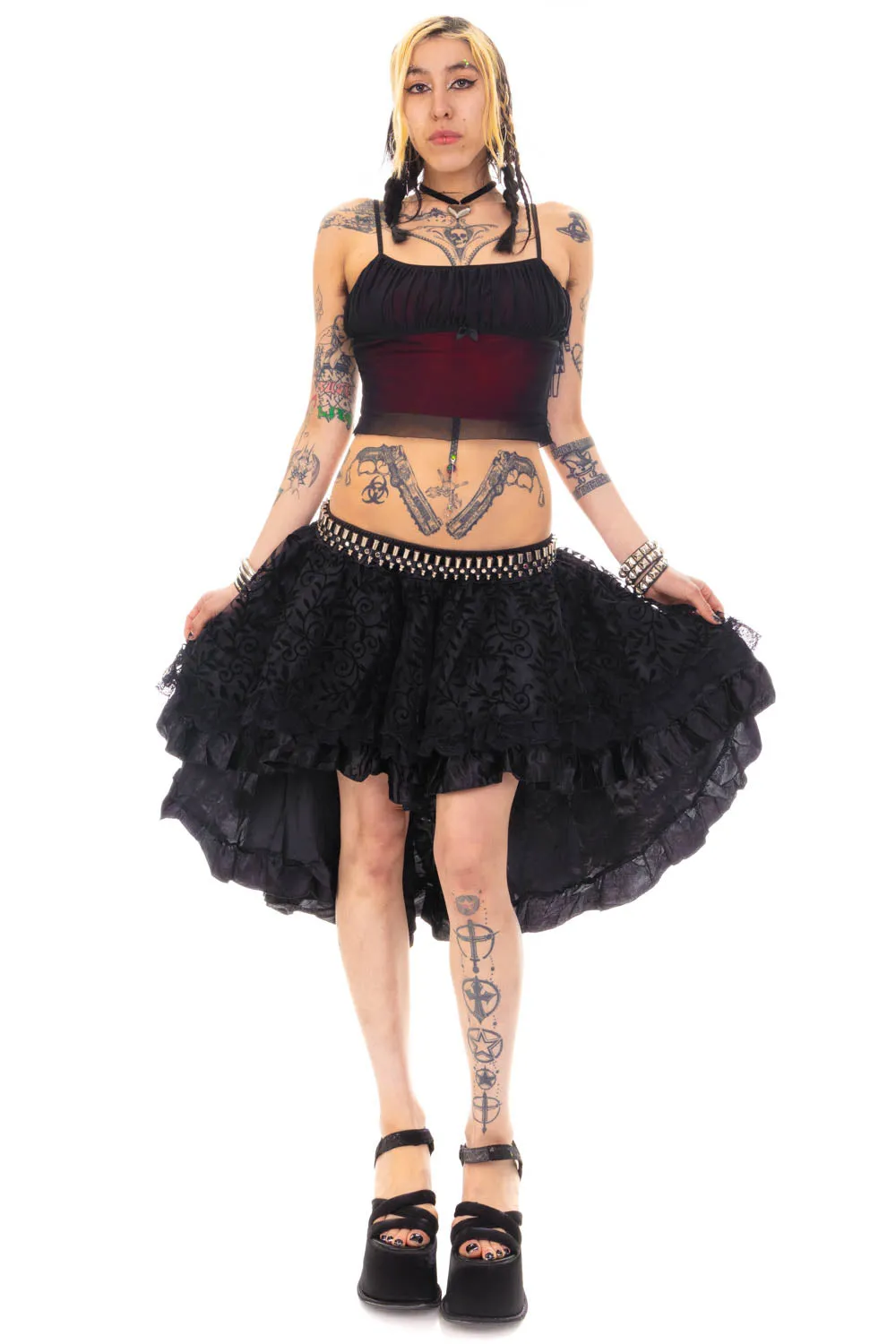 Vintage Y2K Gothic Black Leaves High-Low Ruffle Skirt - M/L/XL sold by Tunnel Vision product image thumbnail 2