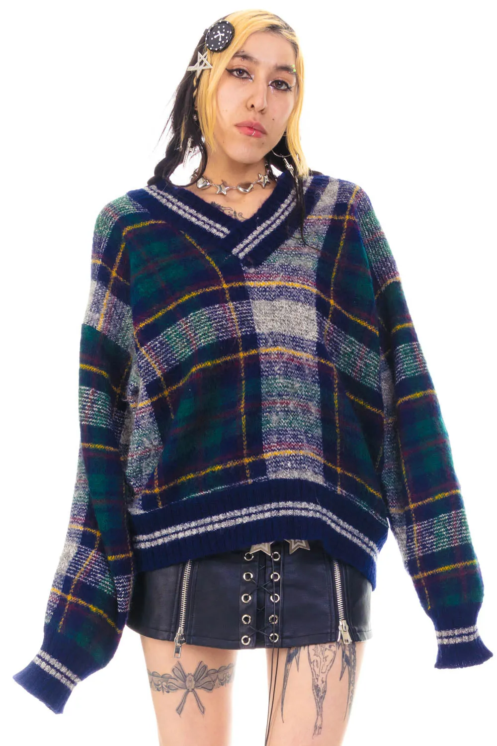 Vintage 90's Soft Plaid V-Neck Grandpa Sweater - OSFM sold by Tunnel Vision product image thumbnail 3