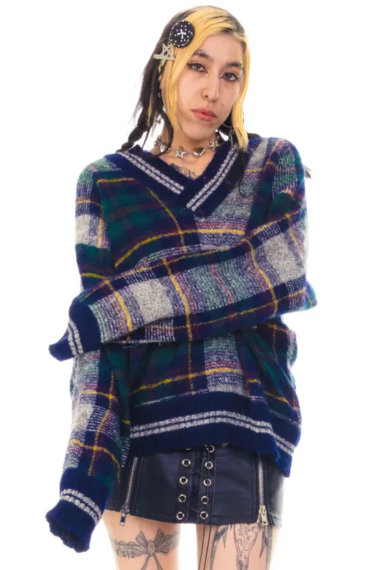 Vintage 90's Soft Plaid V-Neck Grandpa Sweater - OSFM sold by Tunnel Vision