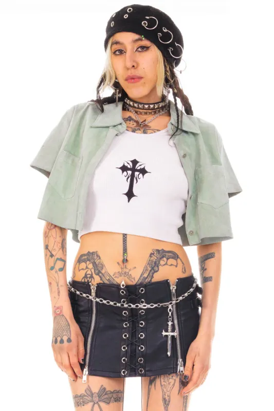 Vintage 90's Pale Blue Suede Cropped Button Up Top - S/M/L sold by Tunnel Vision