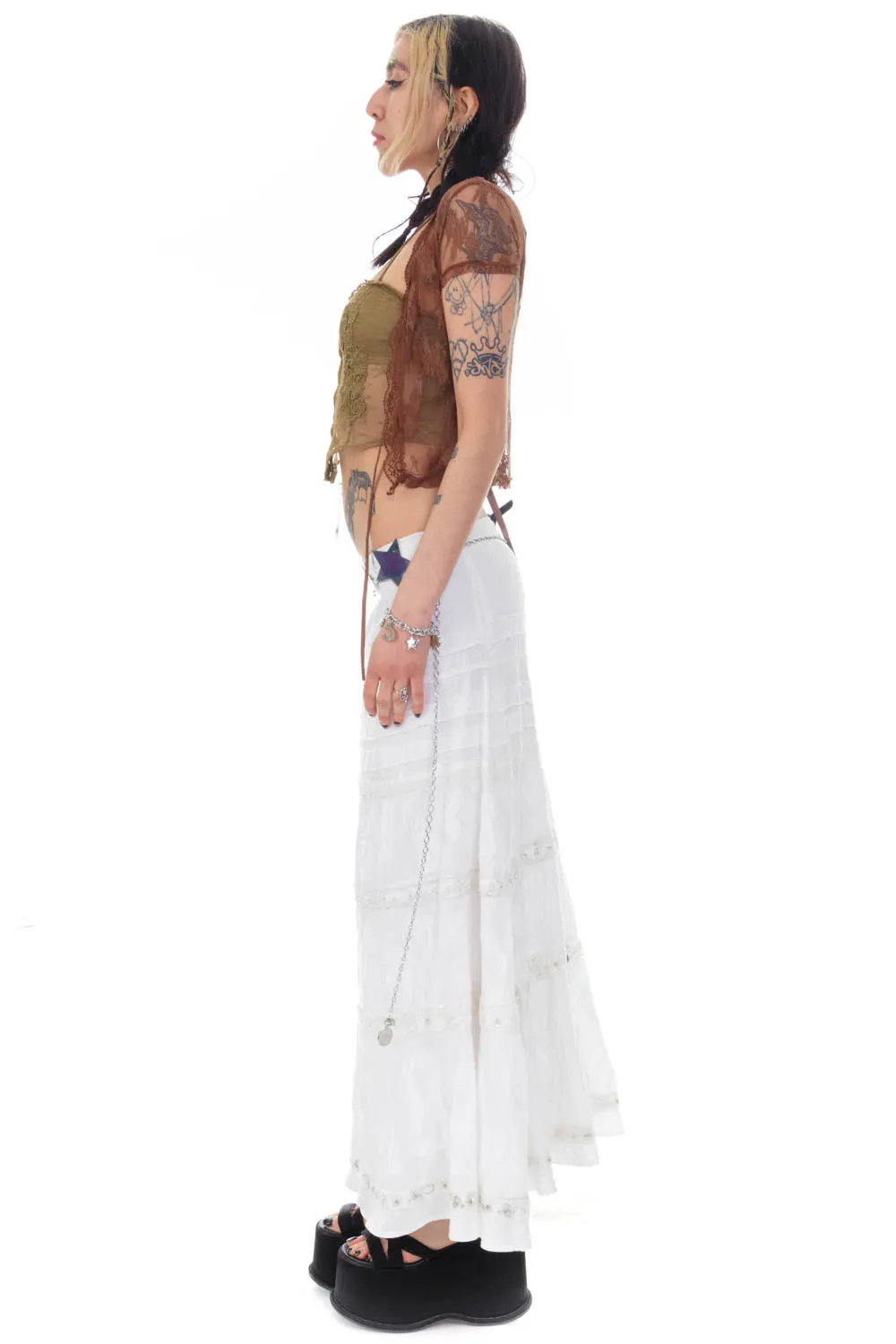 Vintage Y2K White Tiered Embellished Maxi Skirt - L/XL sold by Tunnel Vision product image thumbnail 4